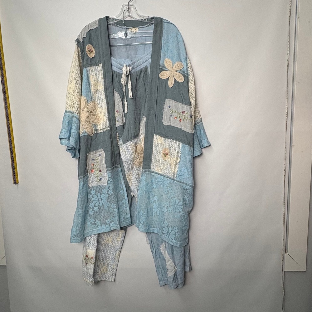 POL Patchwork Kimono and Wide Leg Pants Set Blue Floral Lace Boho Large Cottage